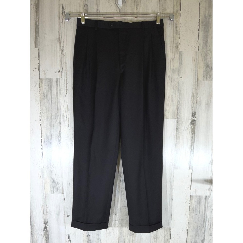 Zanieri Angelico Dress Pants 34x30.5 Black Super 100s Wool Pleated Cuffed Italy